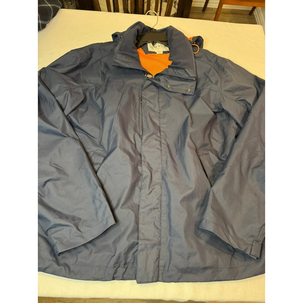 Orvis Classic Collection Mens XXL Navy Blue‎ Hooded Rain Jacket Orange Lining